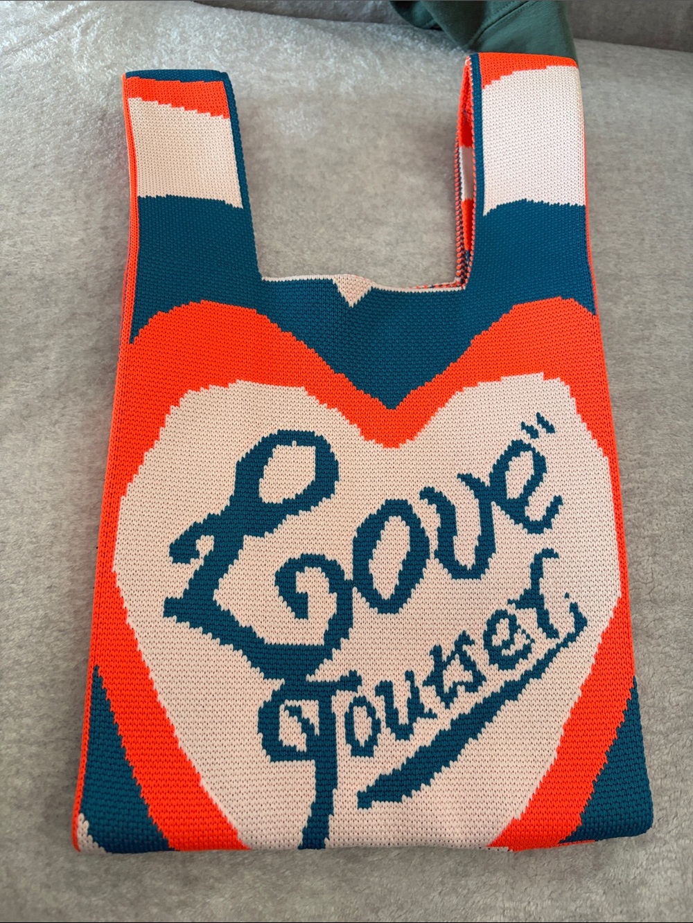 Love Yourself Knit Tote Bag in Teal, Coral & Cream